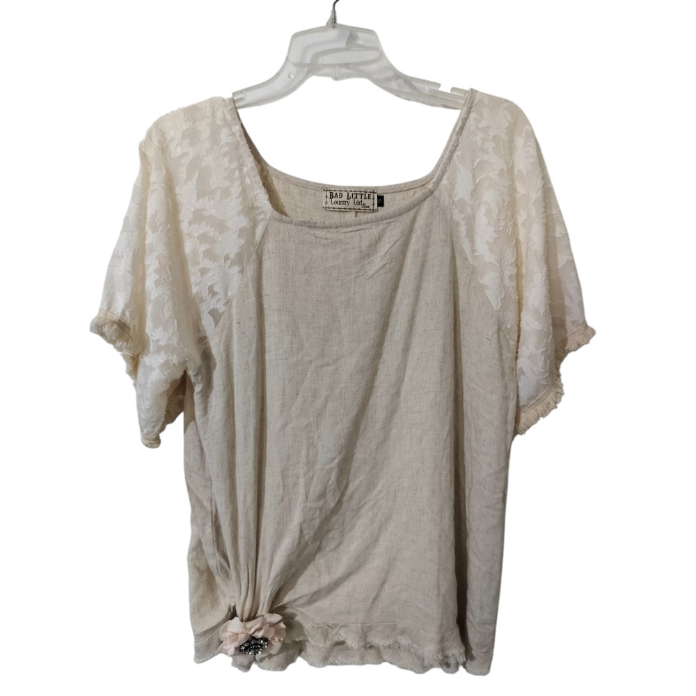 3670)Bad Little Country Girl Tan Linen Blend Short Sleeve Fringe Boho Top Small